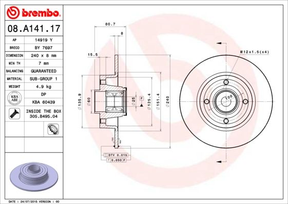 Tarcza hamulcowa BREMBO 08.A141.17