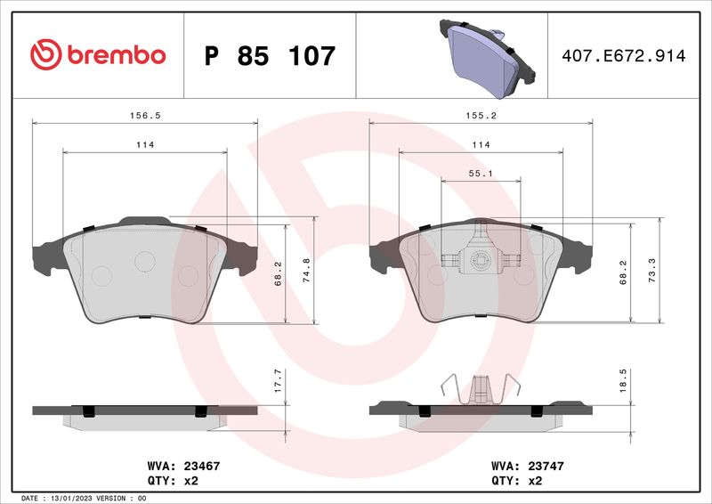 Zestaw klocków hamulcowych, hamulce tarczowe BREMBO P 85 107
