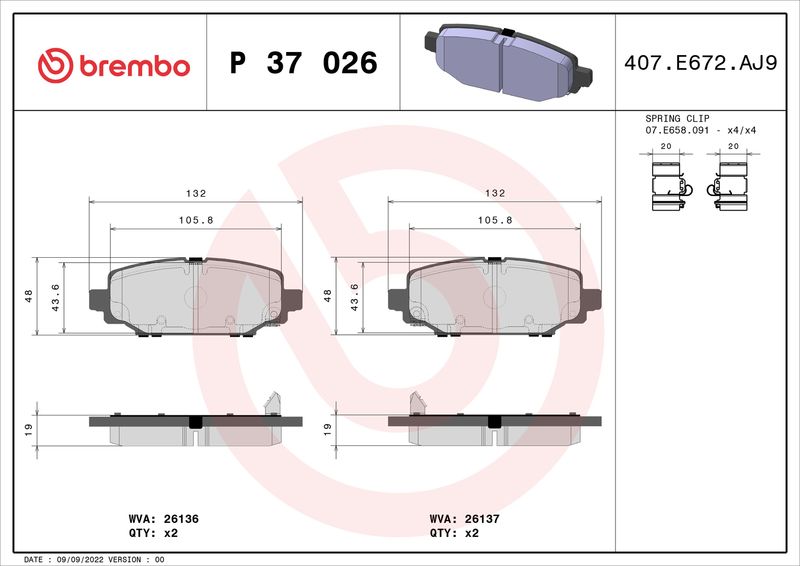 Zestaw klocków hamulcowych, hamulce tarczowe BREMBO P 37 026