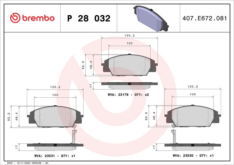 Zestaw klocków hamulcowych, hamulce tarczowe BREMBO P 28 032