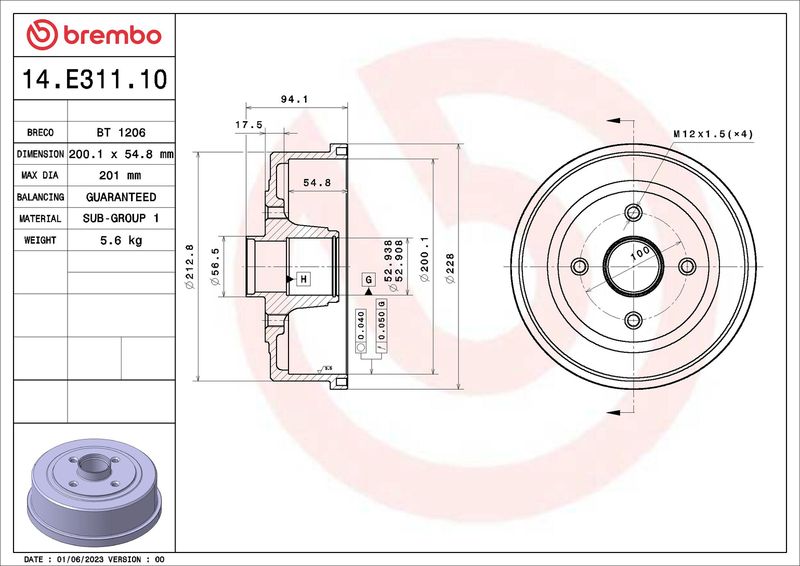 Bęben hamulcowy BREMBO 14.E311.10