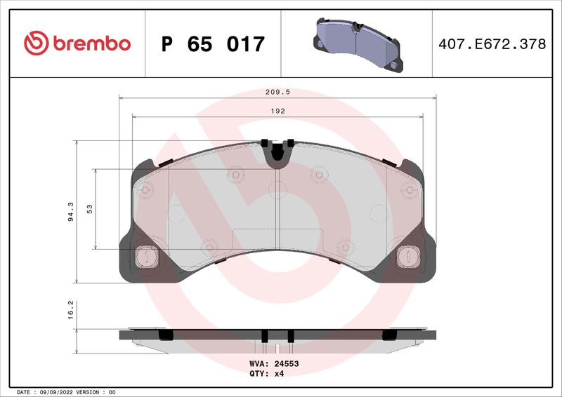 Zestaw klocków hamulcowych, hamulce tarczowe BREMBO P 65 017