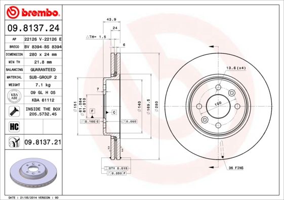 Tarcza hamulcowa BREMBO 09.8137.21