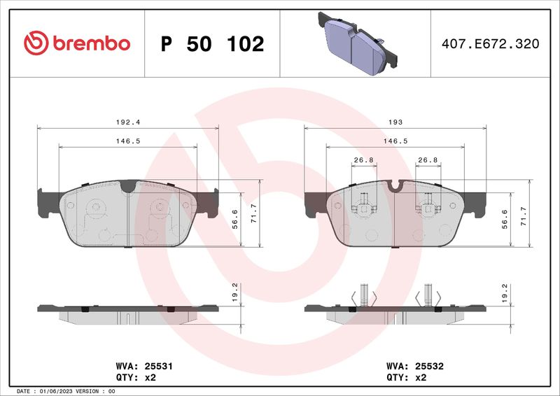 Zestaw klocków hamulcowych, hamulce tarczowe BREMBO P 50 102
