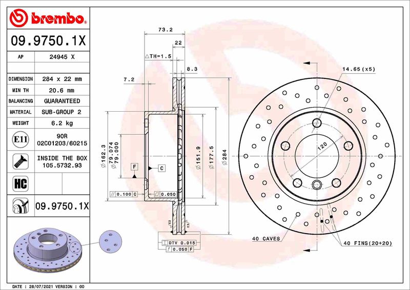 Tarcza hamulcowa BREMBO 09.9750.1X