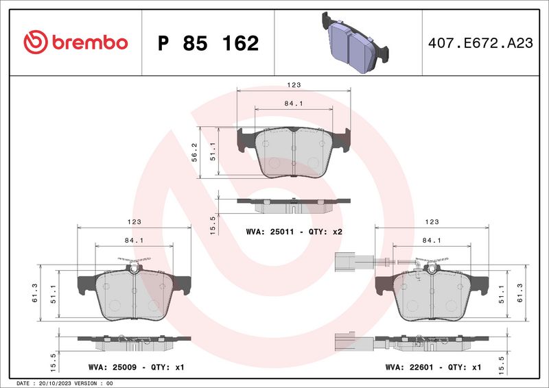 Zestaw klocków hamulcowych, hamulce tarczowe BREMBO P 85 162