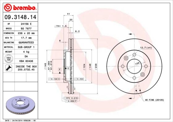 Tarcza hamulcowa BREMBO 09.3148.14