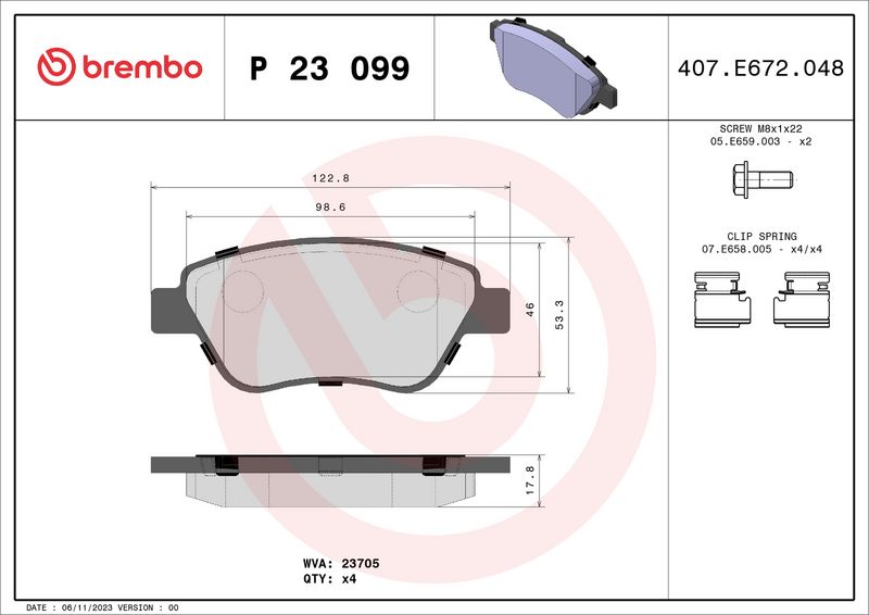 Zestaw klocków hamulcowych, hamulce tarczowe BREMBO P 23 099