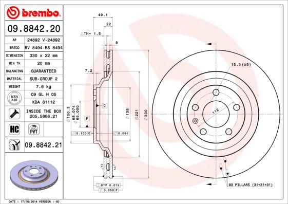 Tarcza hamulcowa BREMBO 09.8842.21