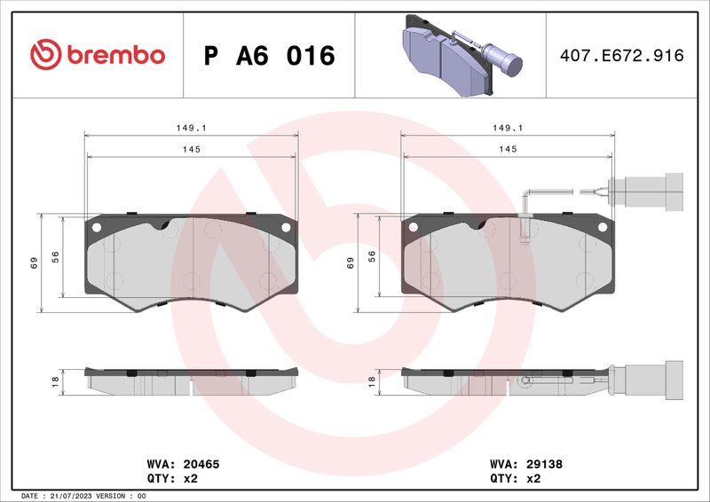 Zestaw klocków hamulcowych, hamulce tarczowe BREMBO P A6 016