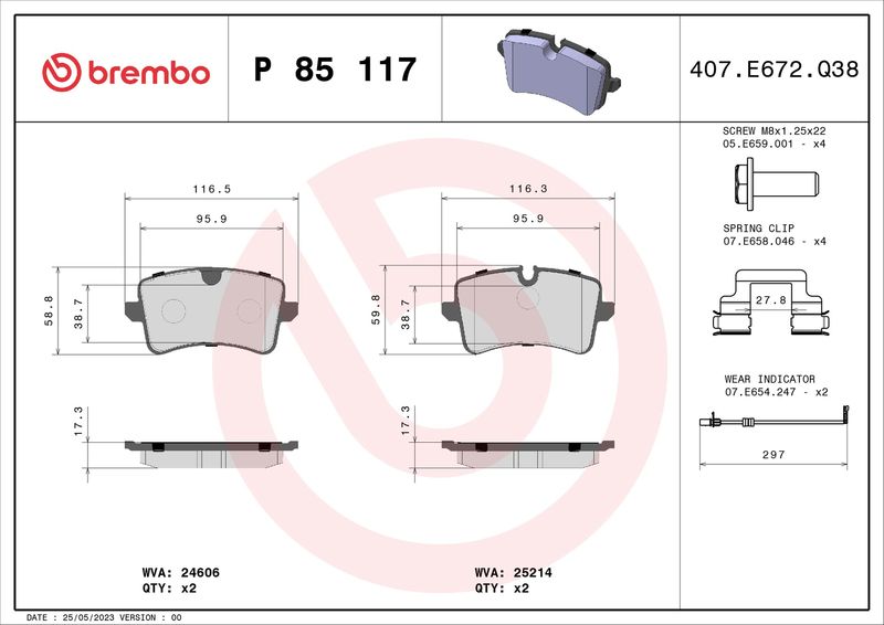 Zestaw klocków hamulcowych, hamulce tarczowe BREMBO P 85 117
