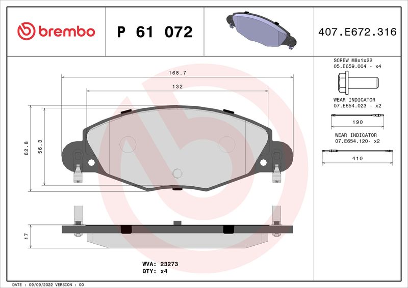 Zestaw klocków hamulcowych, hamulce tarczowe BREMBO P 61 072