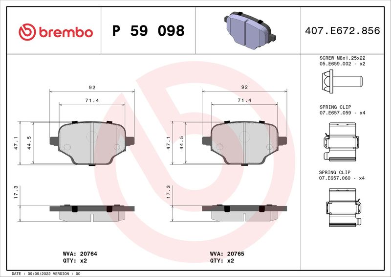 Zestaw klocków hamulcowych, hamulce tarczowe BREMBO P 59 098