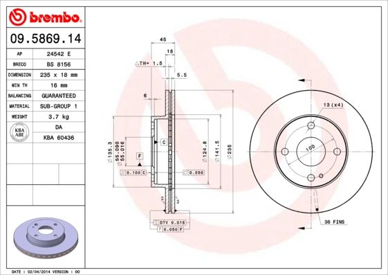 Tarcza hamulcowa BREMBO 09.5869.14