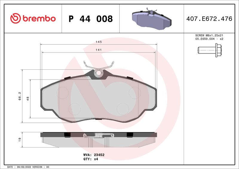 Zestaw klocków hamulcowych, hamulce tarczowe BREMBO P 44 008