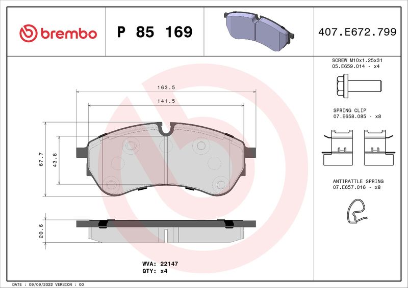 Zestaw klocków hamulcowych, hamulce tarczowe BREMBO P 85 169