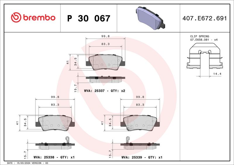 Zestaw klocków hamulcowych, hamulce tarczowe BREMBO P 30 067X