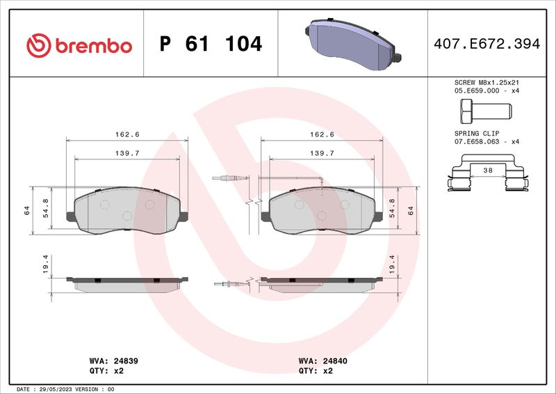 Zestaw klocków hamulcowych, hamulce tarczowe BREMBO P 61 104