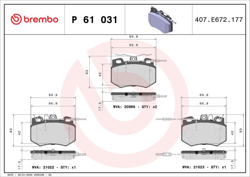 Zestaw klocków hamulcowych, hamulce tarczowe BREMBO P 61 031
