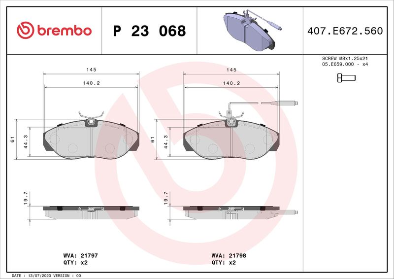 Zestaw klocków hamulcowych, hamulce tarczowe BREMBO P 23 068