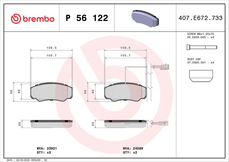 Zestaw klocków hamulcowych, hamulce tarczowe BREMBO P 56 122