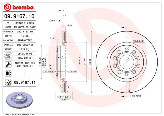 Tarcza hamulcowa BREMBO 09.9167.11