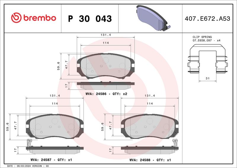 Zestaw klocków hamulcowych, hamulce tarczowe BREMBO P 30 043