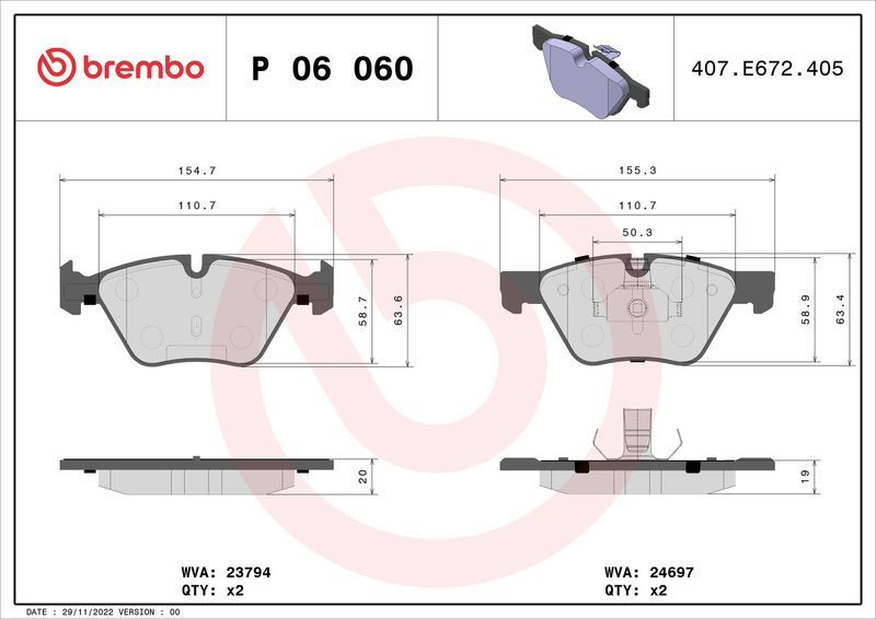 Zestaw klocków hamulcowych, hamulce tarczowe BREMBO P 06 060
