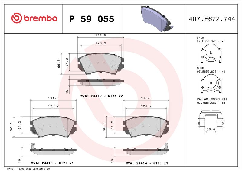 Zestaw klocków hamulcowych, hamulce tarczowe BREMBO P 59 055X
