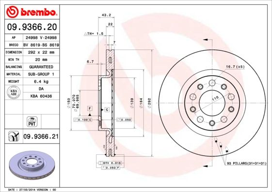 Tarcza hamulcowa BREMBO 09.9366.21