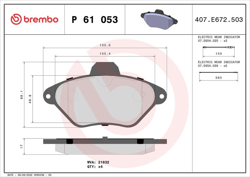 Zestaw klocków hamulcowych, hamulce tarczowe BREMBO P 61 053