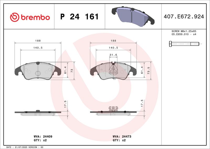 Zestaw klocków hamulcowych, hamulce tarczowe BREMBO P 24 161