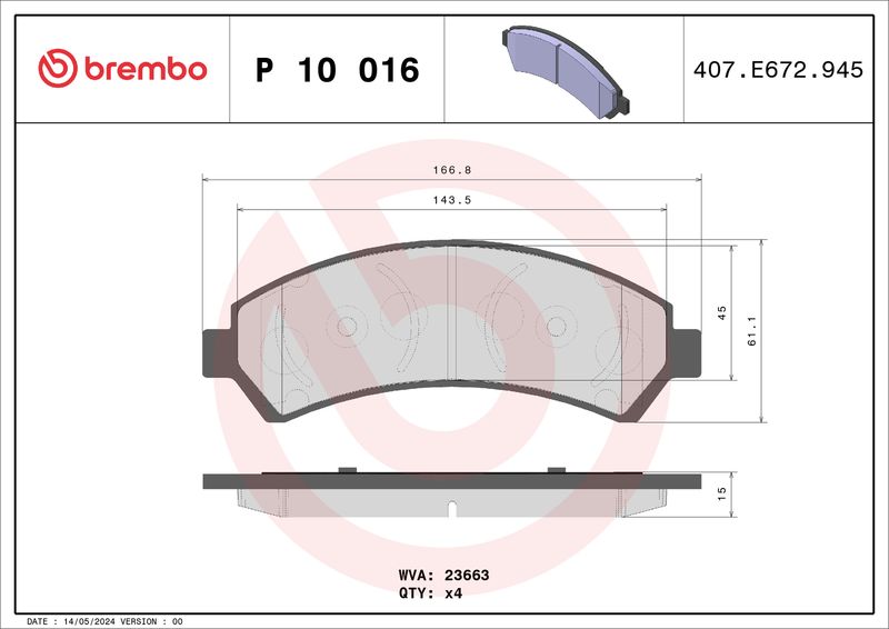 Zestaw klocków hamulcowych, hamulce tarczowe BREMBO P 10 016