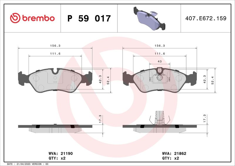 Zestaw klocków hamulcowych, hamulce tarczowe BREMBO P 59 017