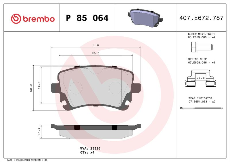 Zestaw klocków hamulcowych, hamulce tarczowe BREMBO P 85 064