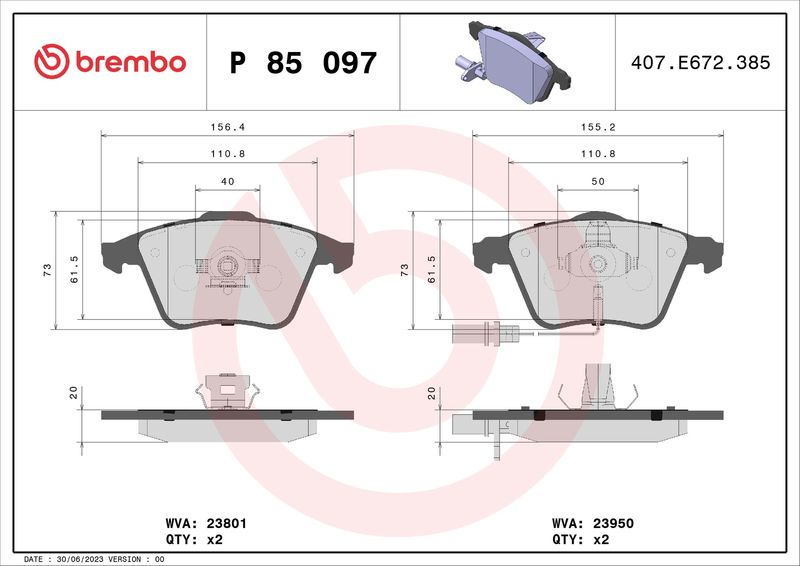 Zestaw klocków hamulcowych, hamulce tarczowe BREMBO P 85 097