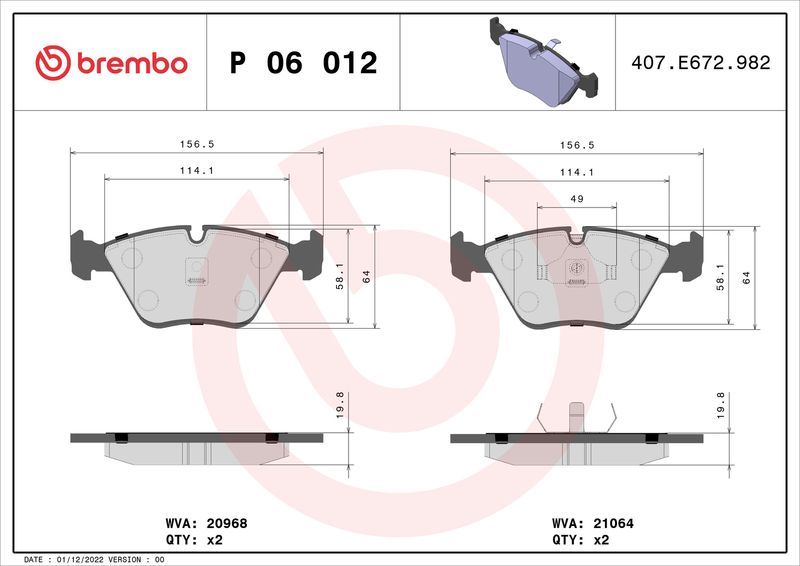 Zestaw klocków hamulcowych, hamulce tarczowe BREMBO P 06 012