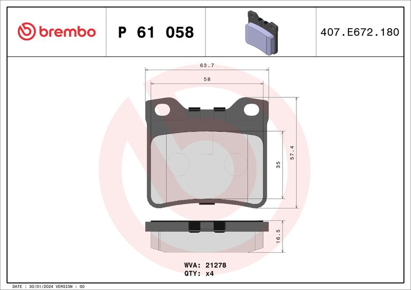 Zestaw klocków hamulcowych, hamulce tarczowe BREMBO P 61 058