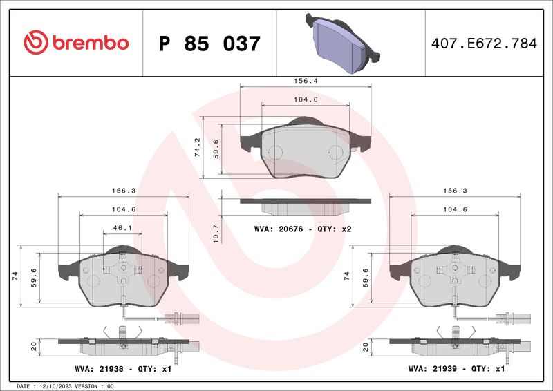 Zestaw klocków hamulcowych, hamulce tarczowe BREMBO P 85 037X