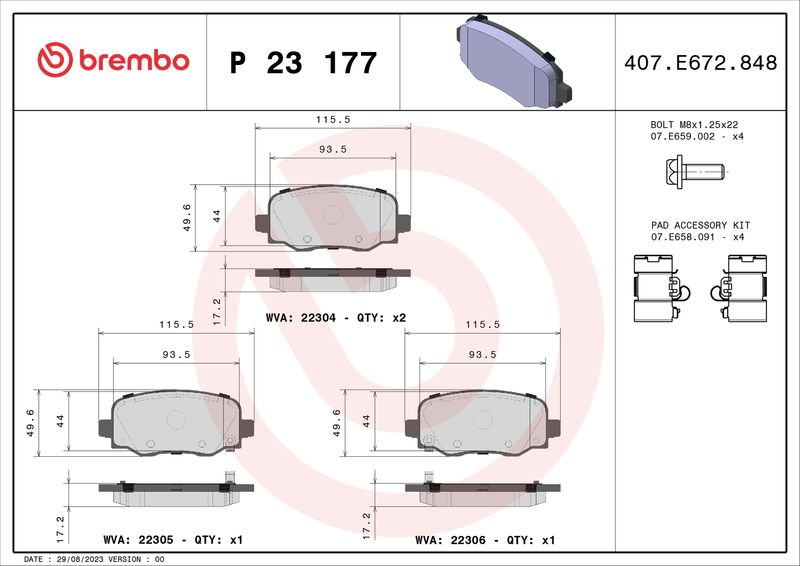Zestaw klocków hamulcowych, hamulce tarczowe BREMBO P 23 177