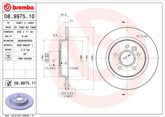 Tarcza hamulcowa BREMBO 08.9975.11