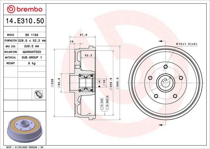 Bęben hamulcowy BREMBO 14.E310.50