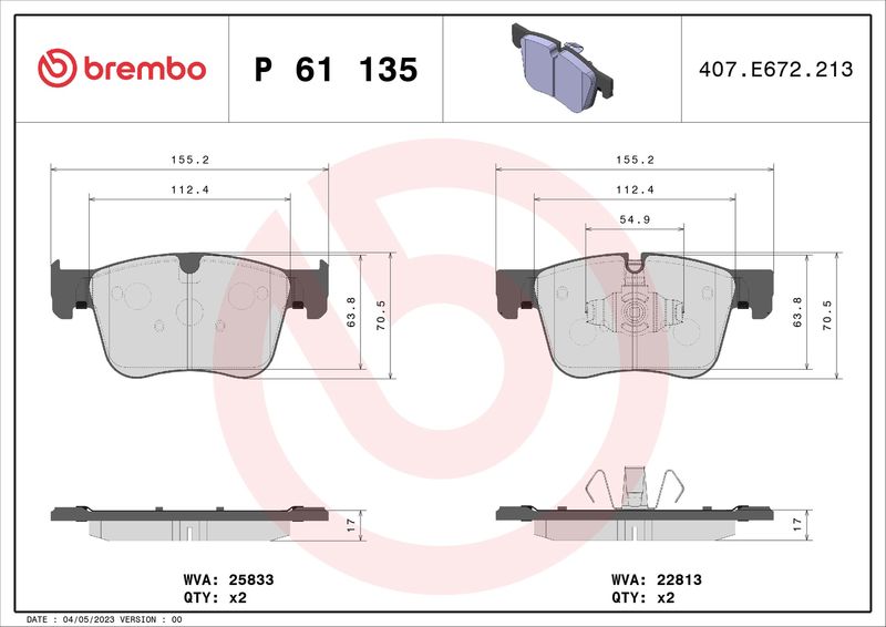 Zestaw klocków hamulcowych, hamulce tarczowe BREMBO P 61 135