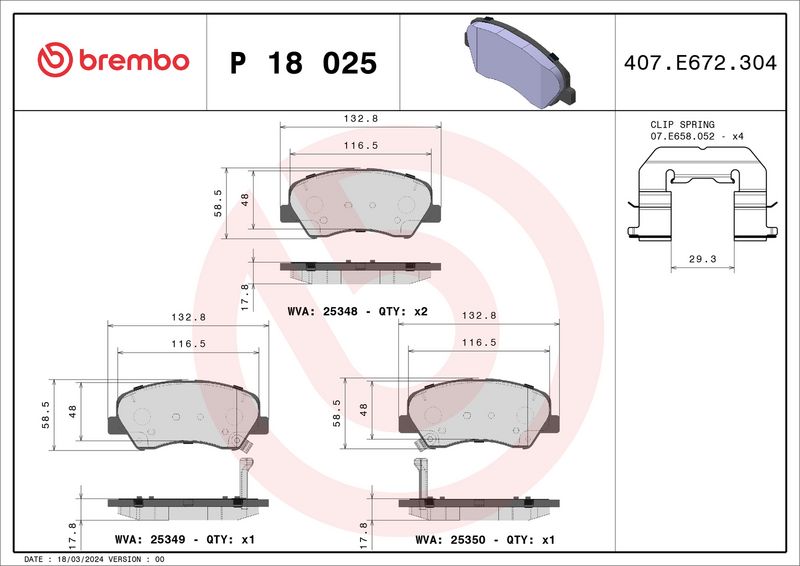 Zestaw klocków hamulcowych, hamulce tarczowe BREMBO P 18 025X