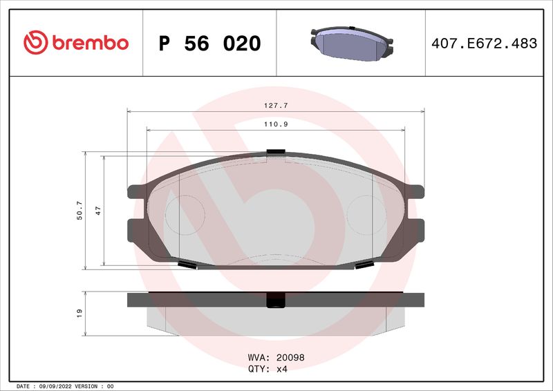 Zestaw klocków hamulcowych, hamulce tarczowe BREMBO P 56 020