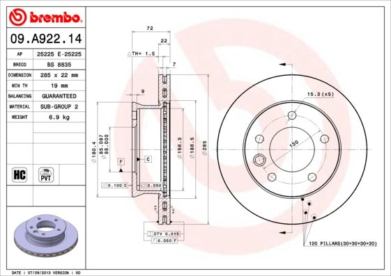Tarcza hamulcowa BREMBO 09.A922.14