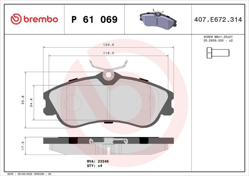 Zestaw klocków hamulcowych, hamulce tarczowe BREMBO P 61 069
