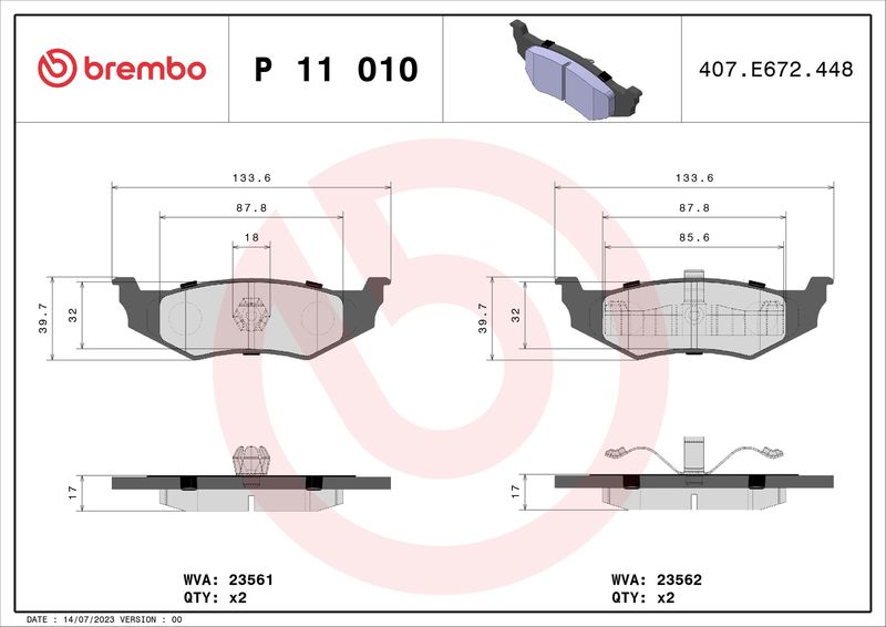 Zestaw klocków hamulcowych, hamulce tarczowe BREMBO P 11 010