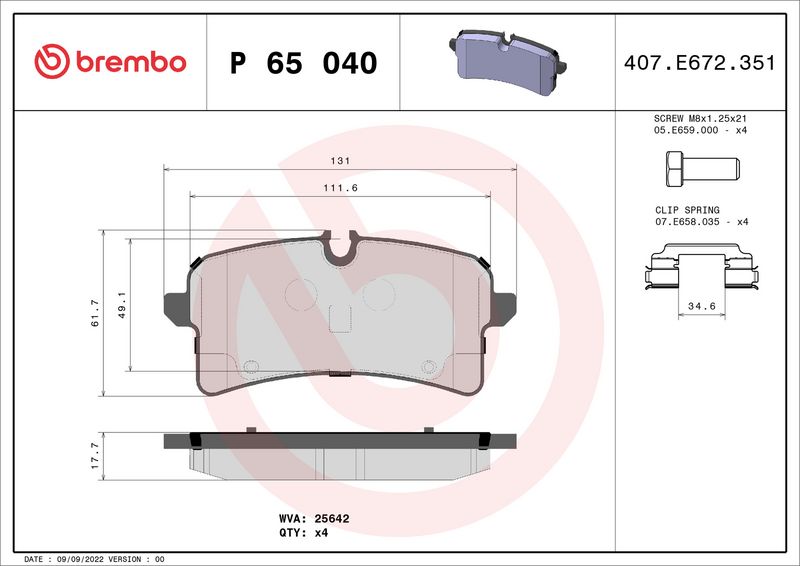Zestaw klocków hamulcowych, hamulce tarczowe BREMBO P 65 040