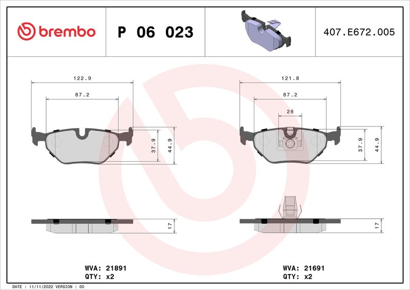 Zestaw klocków hamulcowych, hamulce tarczowe BREMBO P 06 023